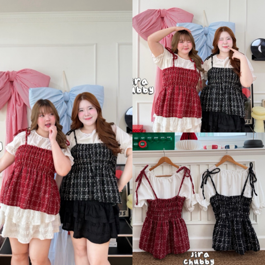JR เสื้อ 2 ชิ้น เสื้อตัวใน+สายเดี่ยว ผ้าทวิต สวยหรู ไซส์ใหญ่ สาวอวบ