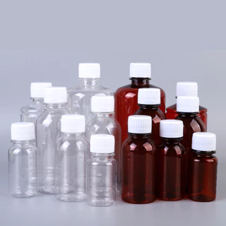 ขวดพลาสติก มีสเกล ขนาด 50/100ml แพค10ชิ้น ขวดสีชา / สีขาวใส พร้อมฝาสีขาว วัสดุPET บรรจุของเหลว PET bottle