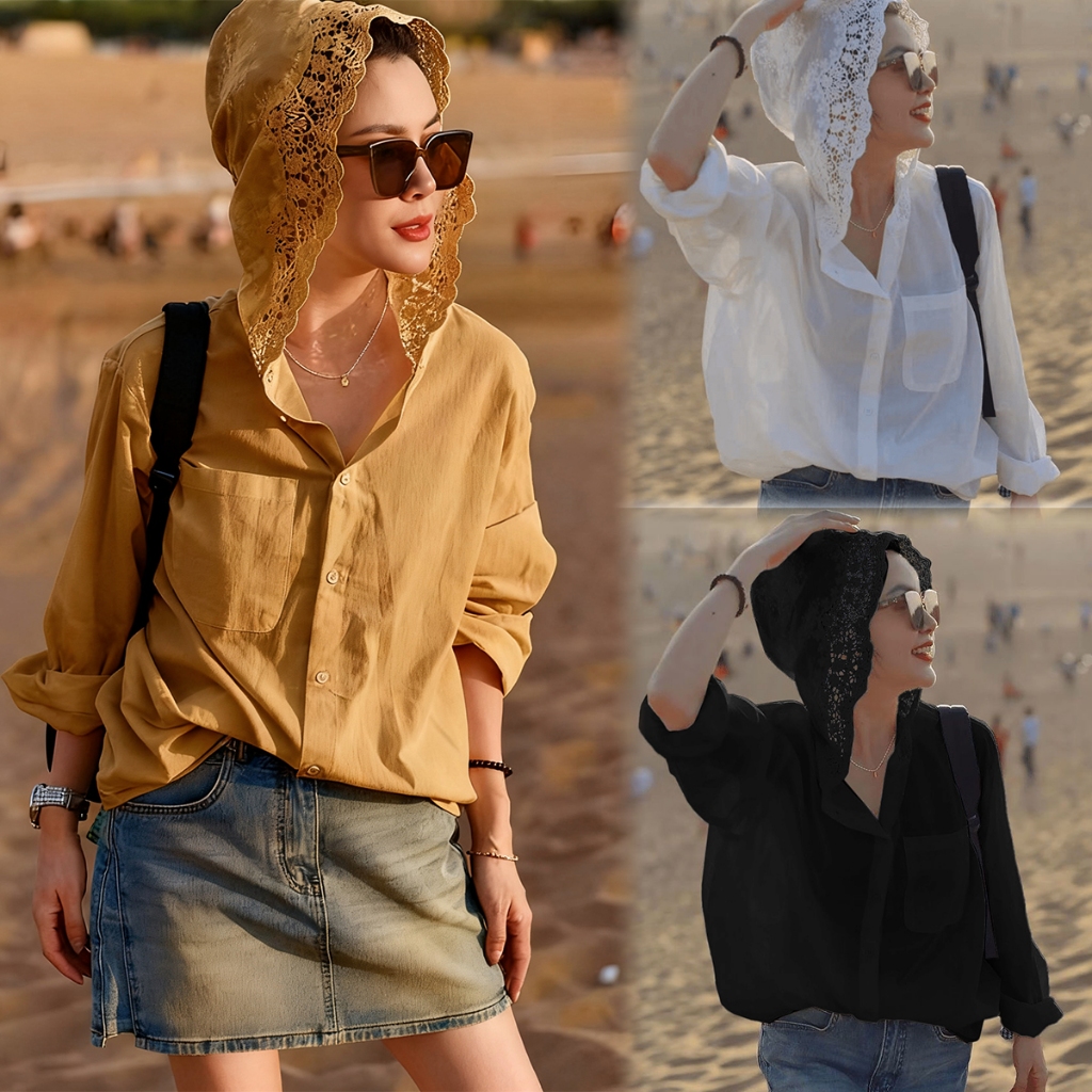 KOKO#เสื้อเชิ้ตมีฮู้ดแฟชั่นสตรี เสื้อสาวอวบ ซีทรูแขนยาวลูกไม้ กันแดด เสื้อผ้าแฟชั่น #W508