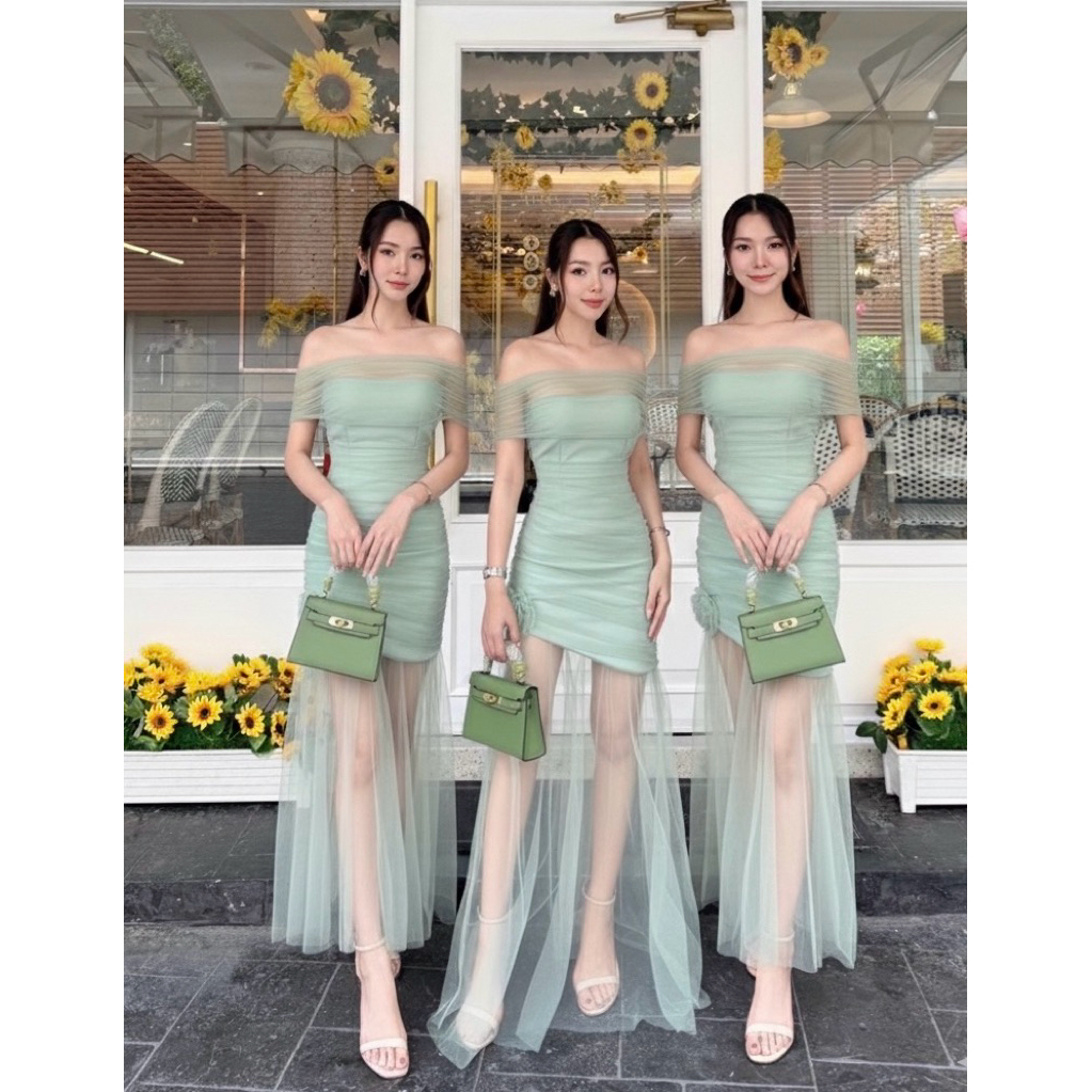 เดรสทรงพอดีตัว ใส่ได้หลายแบบ ไหล่เฉียง เปิดไหล่ เกาะอก กระโปรงยาวชายเป็นซีทรู