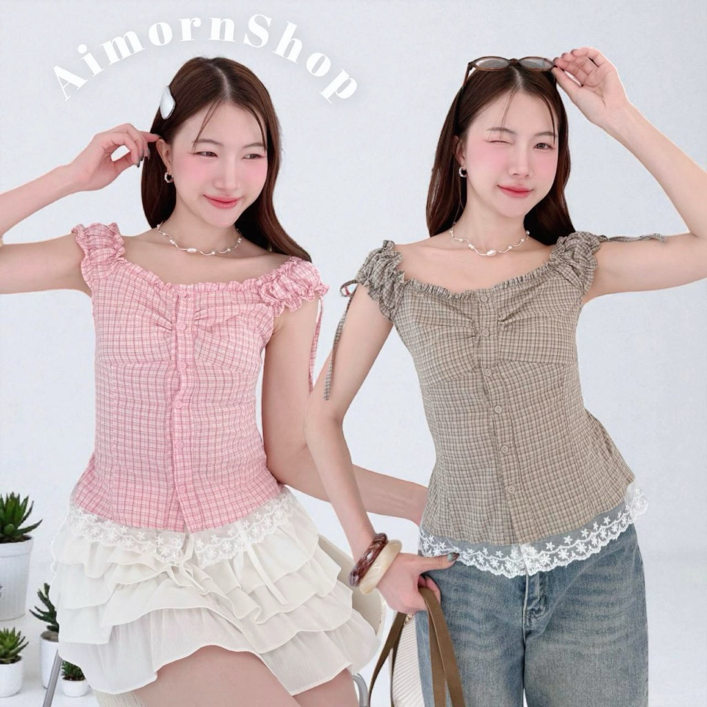 aimorn_shop เสื้อสม็อคแขนผูกโบว์ แต่งกระดุมหน้า ชายระบายลูกไม้สวยมาก งานน่ารักสุดๆ