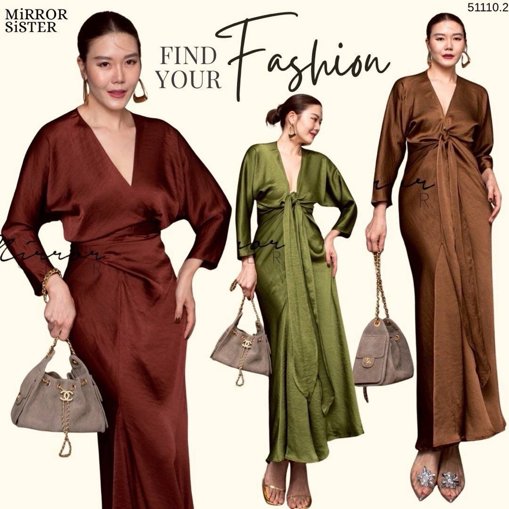 ⚡️ป้ายMirrorsister เดรสออกงานผ้าซาตินเล่นแสง ทรงค้างคาว (51110.2)