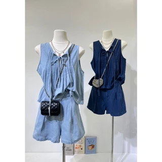 B635 เซ็ตเสื้อแขนกุดผูกโบว์ + กางเกงขาสั้น เนื้อผ้ายีนส์นุ่ม ลุควินเทจนิดๆ