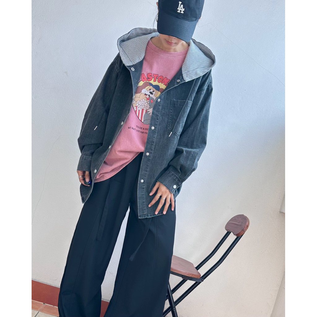 PLOYNAPAS - เสื้อแขนยาว hoodie ผ้ายีนส์ฟอก เนื้อผ้าไม่หนามาก