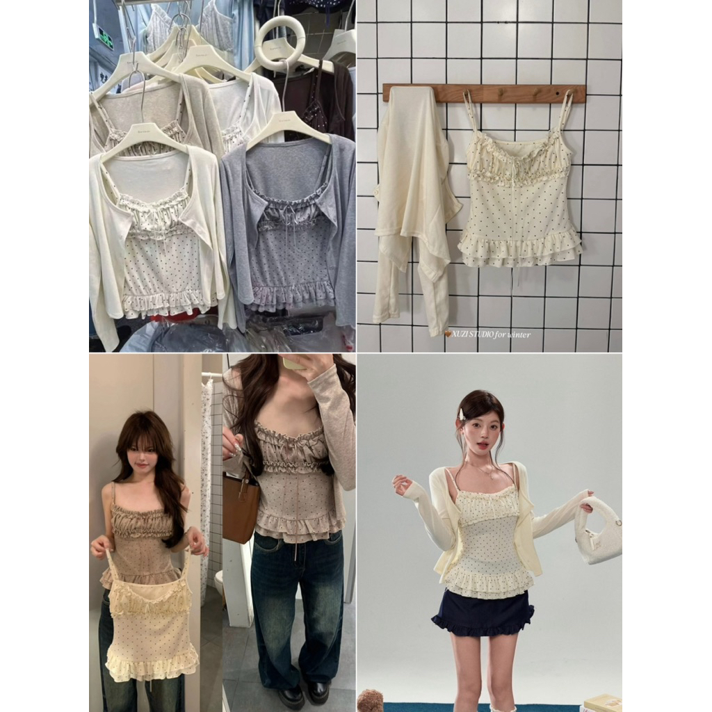 ✅รุ่นอกย่น✅Set 2 pcs. เสื้อสายเดี่ยวผ้าลายจุด แต่งระบายชายเสื้อ มาพร้อมเสื้อคลุมแขนยาว ติดกระดุมด้านหน้า เนื้อผ้านิ่ม