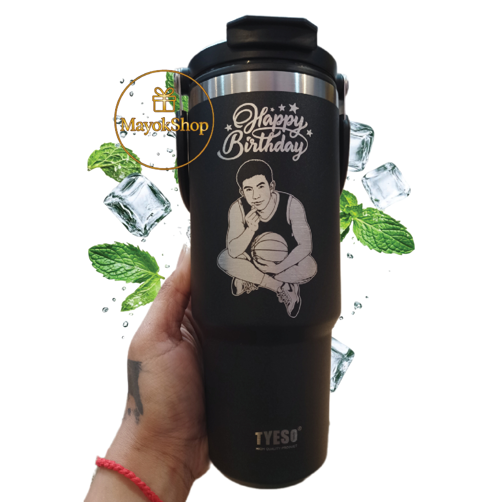[เลเซอร์1ด้าน]  แก้วเก็บอุณหภูมิร้อน/เย็น Tyeso 900 ml มีหูหิ้วและหลอดในตัว