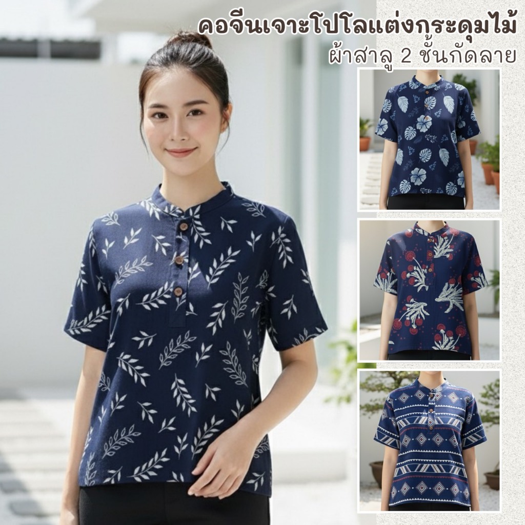 เสื้อคอจีนรุ่นเจาะโปโล ผ้าฝ้ายสาลู 2 ชั้นย้อมครามกัดลาย