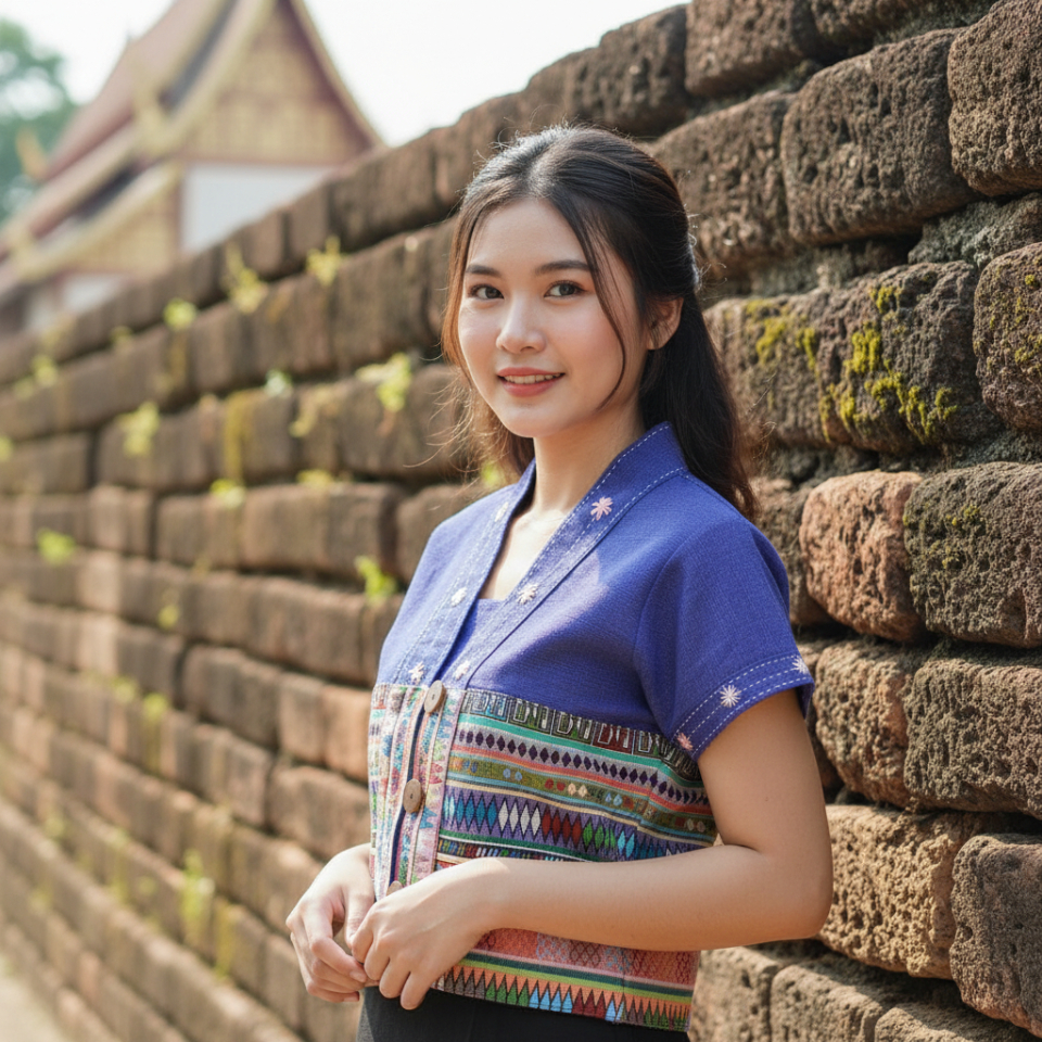 เสื้อคอวีใบปอ ผ้าฝ้ายพื้นเมืองสโตน แต่งลายผ้าทอกระเหรี่ยง กระดุม3เม็ด ทรงสวยเข้ารูปสไตล์ เอวลอยน่ารัก มีขนาด38-40นิ้ว