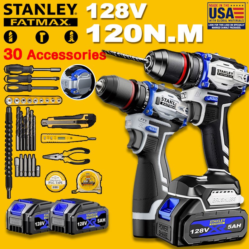【มอบของขวัญ】Stanley 90N.M+30pcs ไร้สายไร้แปรงถ่านสว่านไร้สาย 4ระบบ​​ สว่านกระแทก สว่านไร้สาย สว่านไฟฟ้าไร้สาย