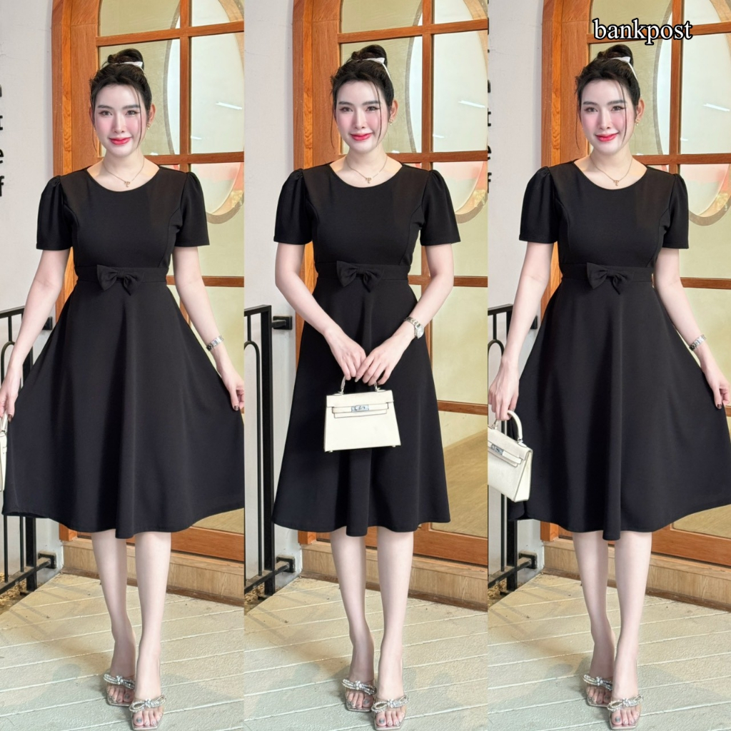 พร้อมส่ง ชุดเดรสผ้าวูลเวฟ  แต่งโบว์หน้า พร้อมสายผูกเอว ใส่ทำงาน ใส่ออกงาน เดรสน่ารัก  A7201