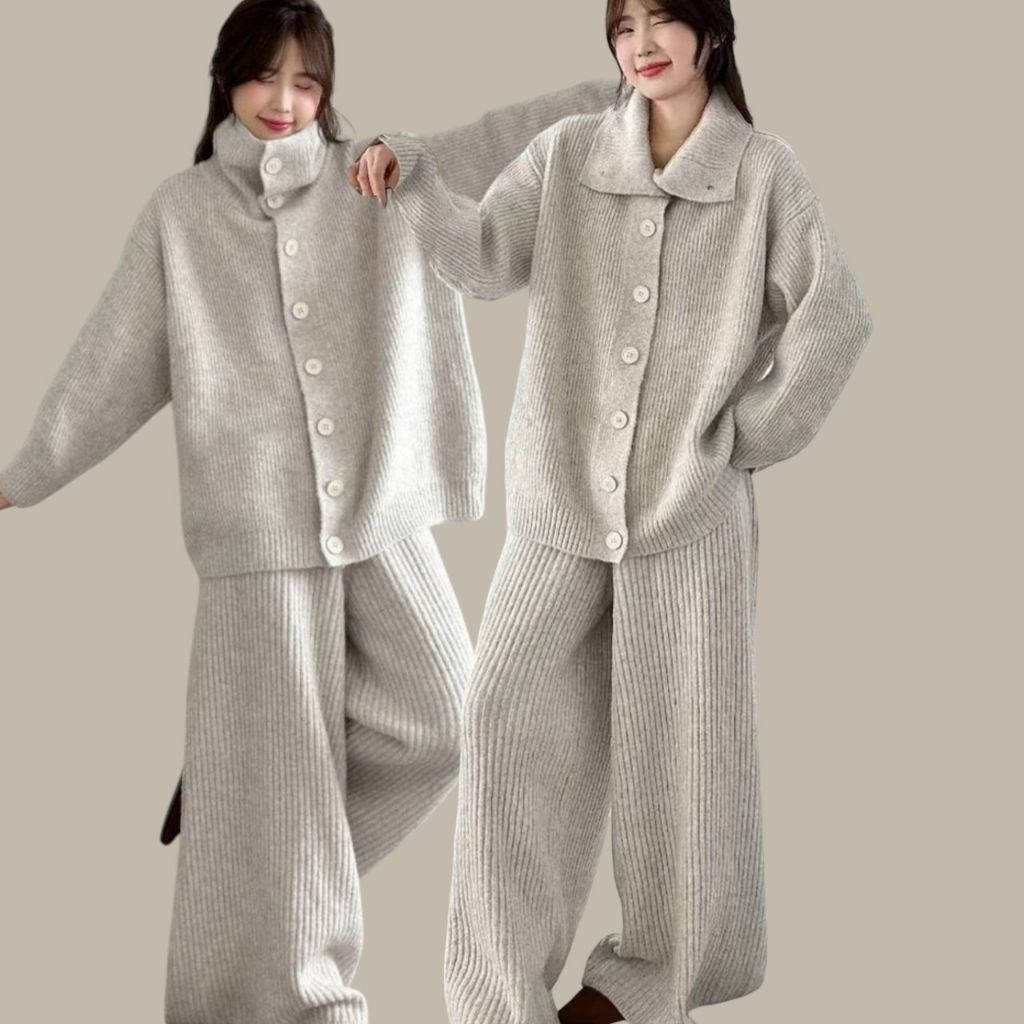 HP60 Airport look ทรงสวย ผ้าไหมพรม อุ่น หนา เสื้อกระดุมผ่าหน้า ใส่แบบคอปกหรือติดกระดุมเป็นคอตั้งก็ได้ กางเกงทรงขากว้าง - รูปที่ 4