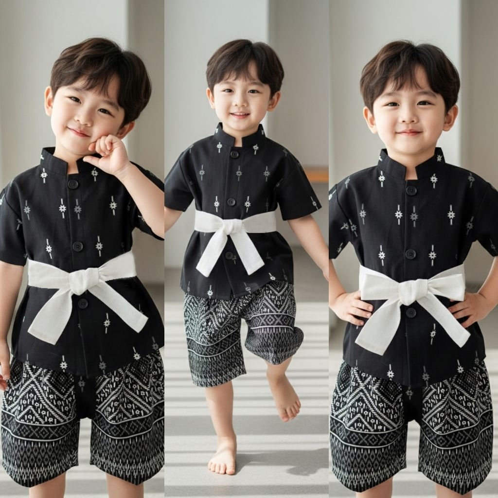 ชุดไทยเด็กชายสีดำ ชุดไทยเด็กสีดำ ชุดไว้อาลัย เซ็ต3ชิ้นฝ้ายพื้นเมือง🖤พร้อมส่ง(DD)