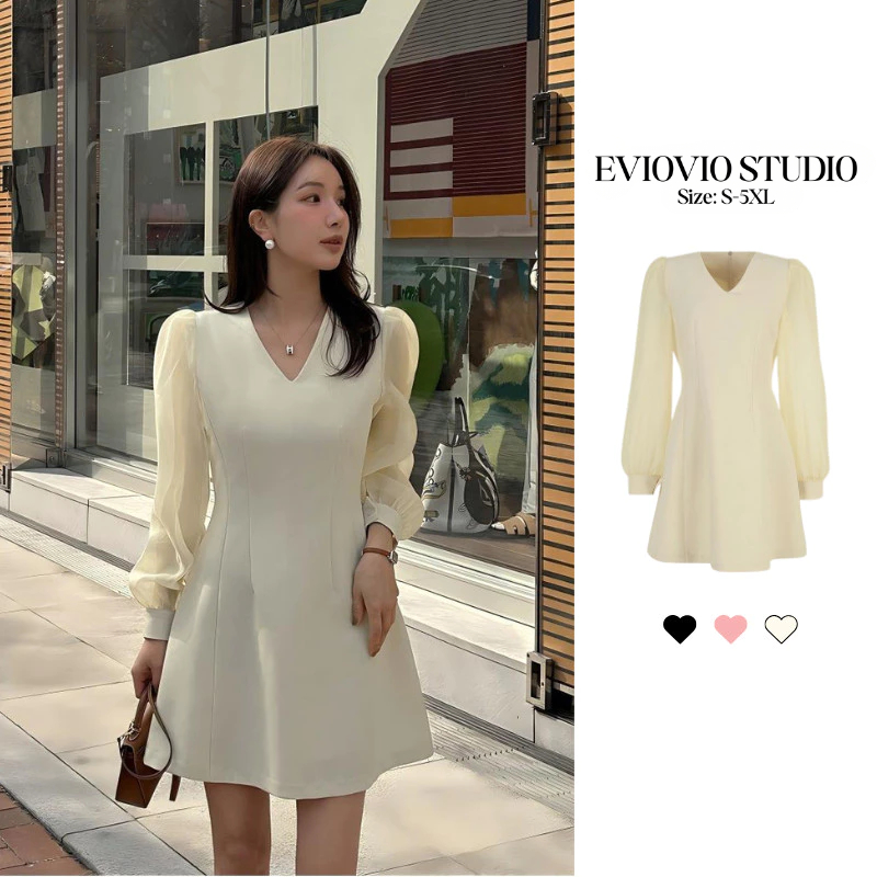 【EVIOVIO】S-5XL เดรสแขนยาวพองชีฟองสีครีมคอวี เดรสทรงสวยเข้ารูป ชุดเดรสสไตล์เจ้าหญิง ชุดเดรสออกงาน