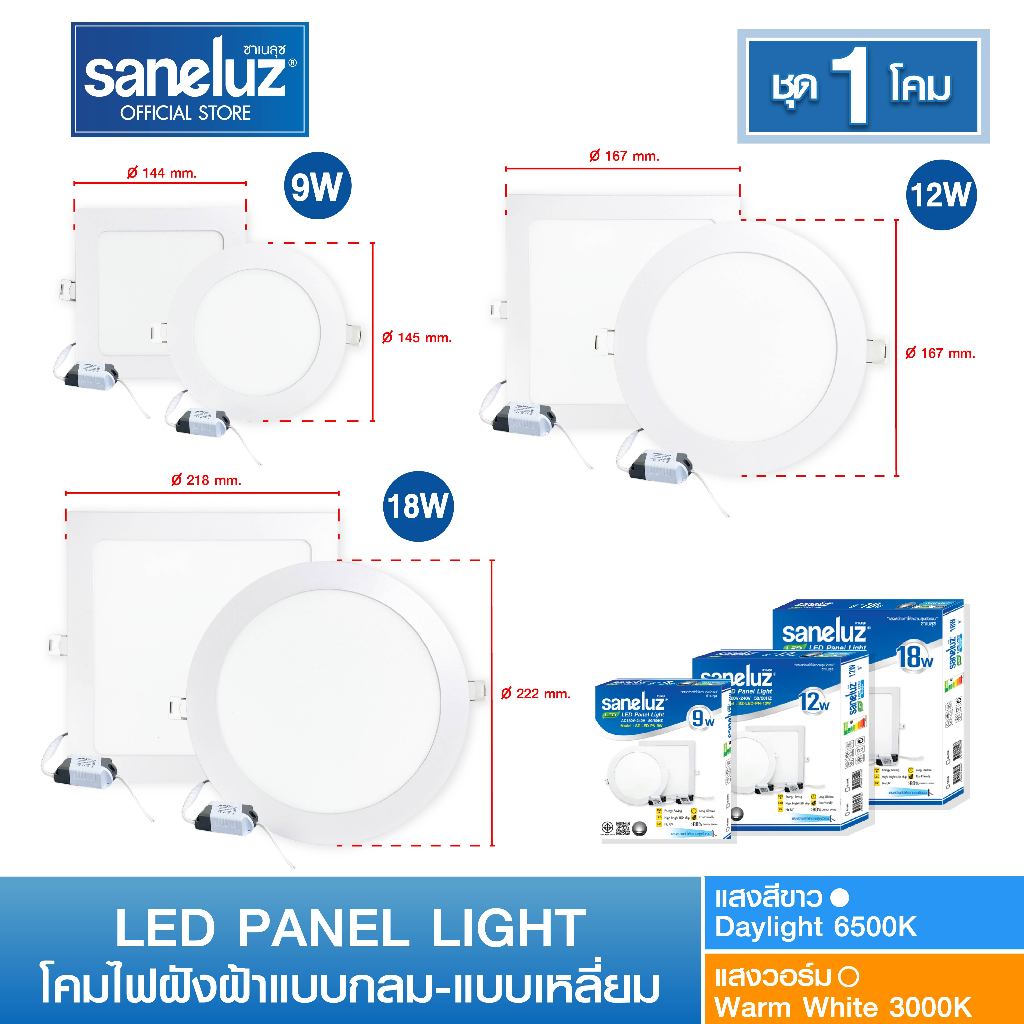 Saneluz ชุด 1 โคม ไฟฝังฝ้า LED 9W 12W 18W ทรงกลม ทรงเหลี่ยม สีขาว/สีวอร์ม/สีคูลไวท์ ไฟเพดาน ดาวน์ไลท์ฝังฝ้า led