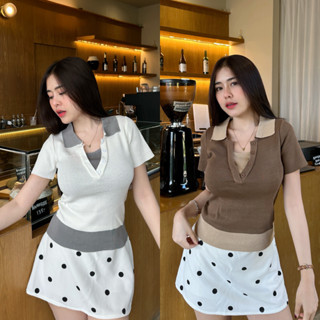 🌈SpinnyHouse🌈เสื้อยืดคอโปโล แต่งกระดุมติดอก แต่งแถบสีทูโทน ผ…