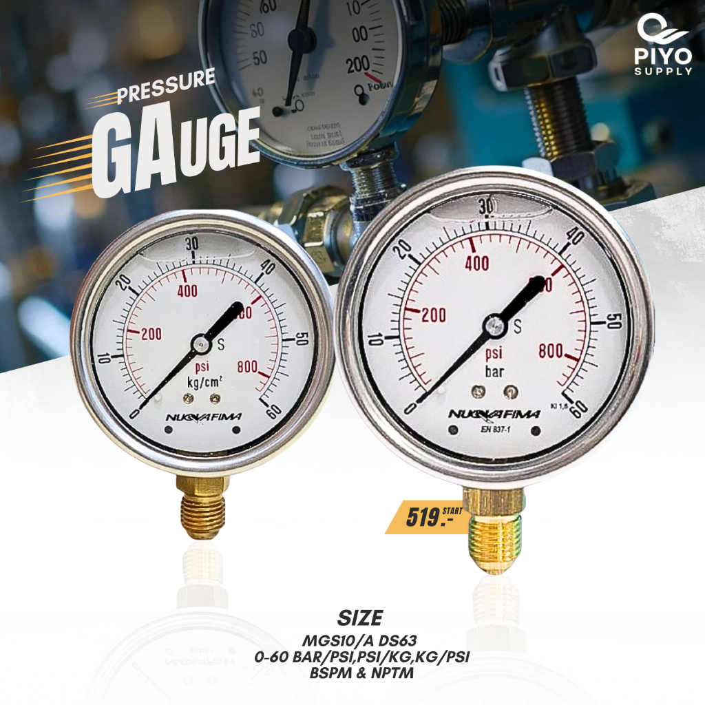 MGS10/A DS63 0-60 BAR/PSI,PSI/KG,KG/PSI เกจวัดเเรงดัน 1/4″ BSPM/NPTM มีน้ำมัน/ไม่มีนํ้ามัน ทองเหลืองออกล่าง หน้าปัด2.5” ราคา ถูกที่สุด ดีลบีเคเค