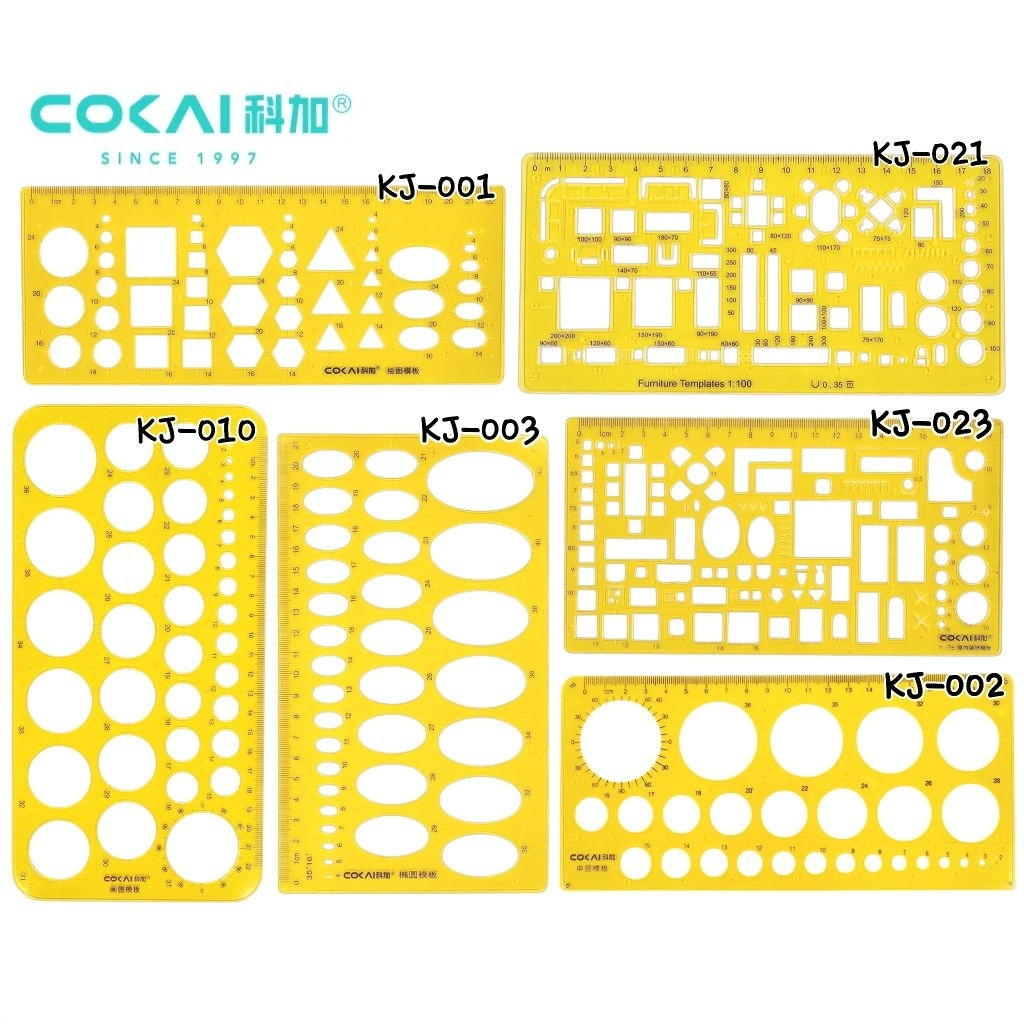 COKAI Template เทมเพลทเขียนแบบ ไม้บรรทัดเทมเพลท รูปทรงต่างๆ สำหรับงานเขียนแบบ (ราคาต่อ 1 ชิ้น)
