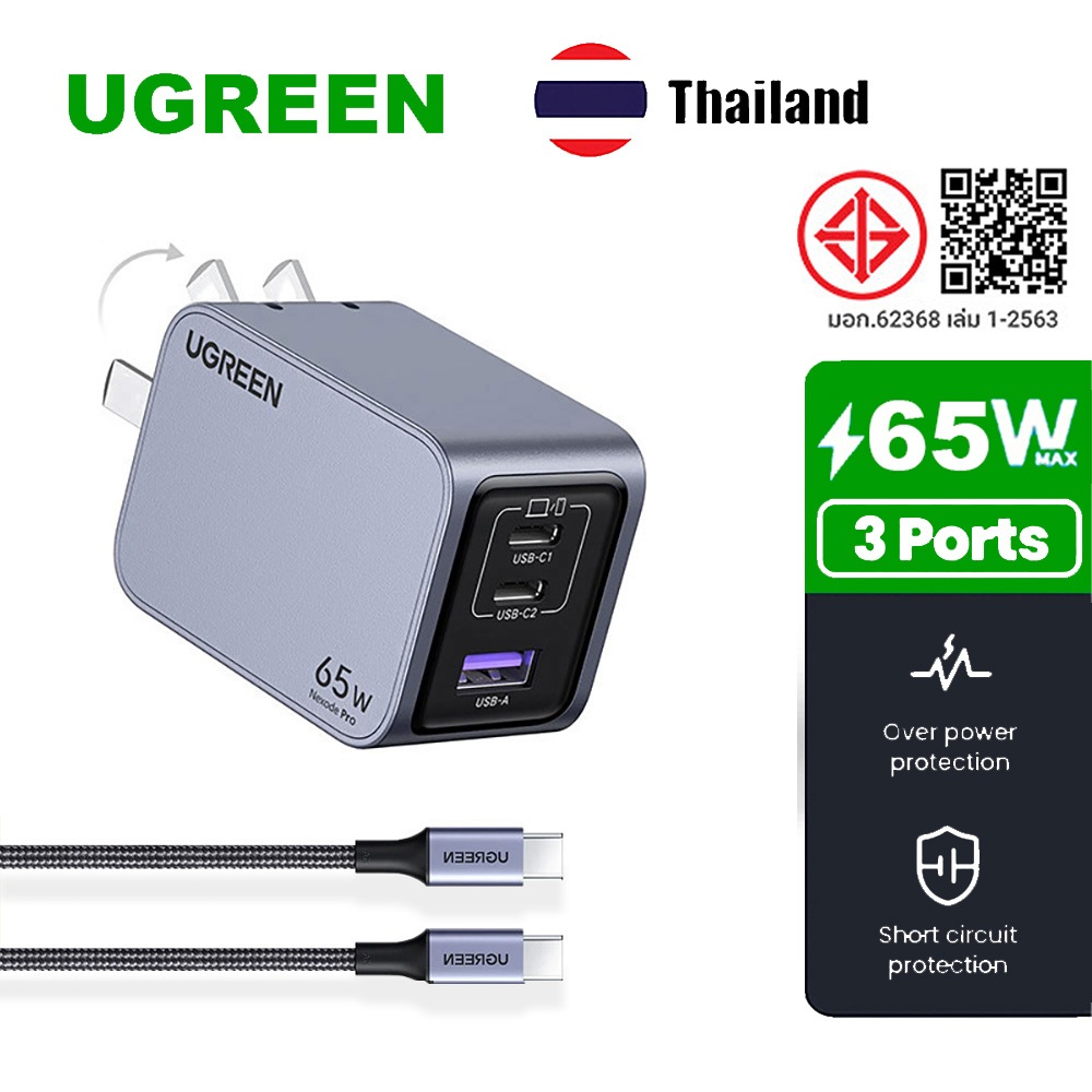 UGREEN Nexode Pro 65W เครื่องชาร์จ USB C 3 พอร์ตมินิพับได้เครื่องชาร์จผนังรวดเร็วอะแดปเตอร์ไฟฟ้า