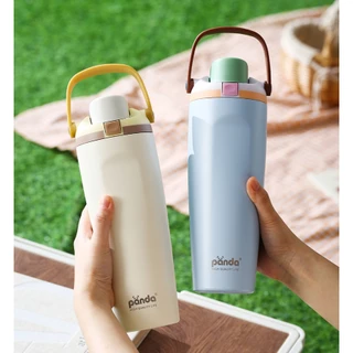 PANDA แก้วเก็บความร้อนสแตนเลส 900ML มาพร้อมกับที่จับ พร้อมหลอดดูด แก้วน้ำกลางแจ้ง/ในรถยนต์แบบพกพา