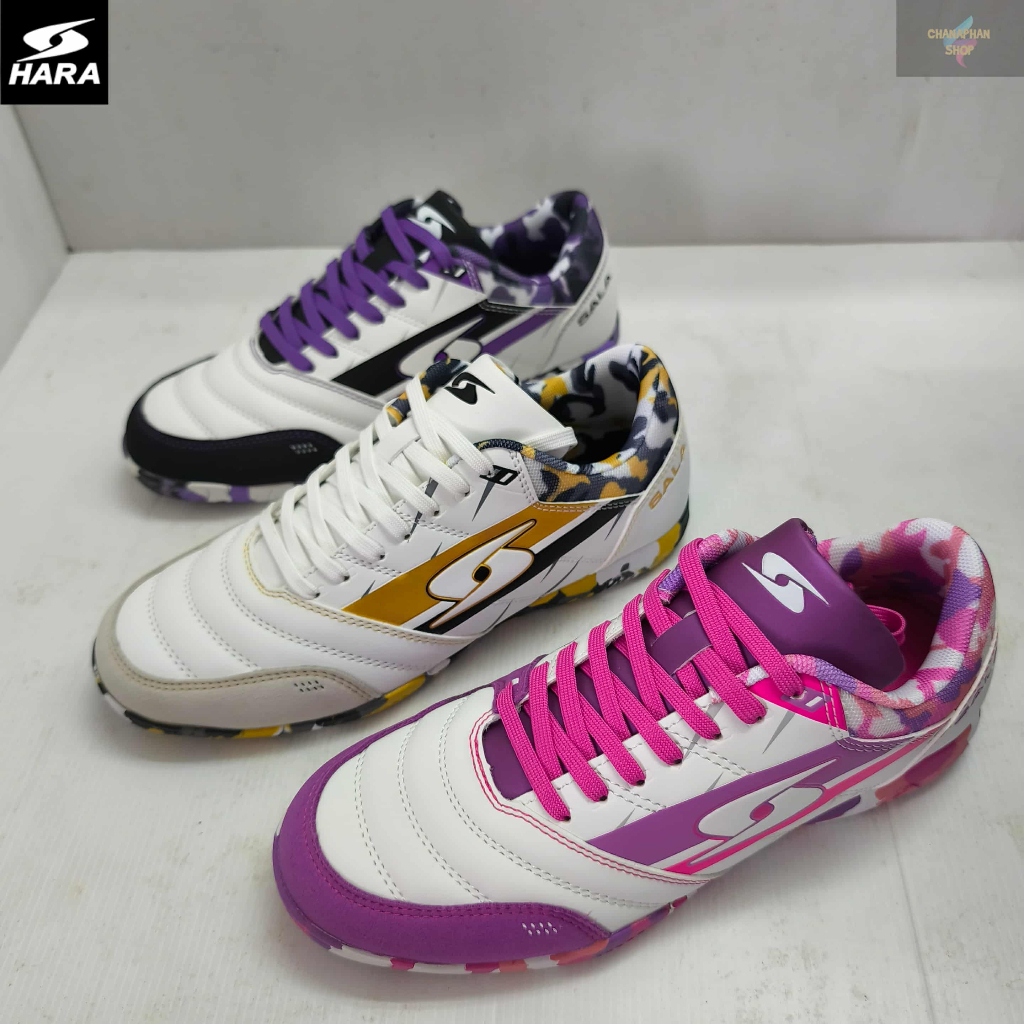 HARA Sports รองเท้าฟุตซอล รุ่น Futsal-X รองเท้าฟุตซอล สีขาวม่วง/สีชมพูม่วง/สีขาวทอง รุ่น FS002 SIZE 39-45
