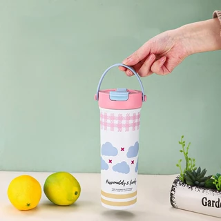 PANDA แก้วกาแฟ สแตนเลส 600ML แก้วเก็บความเย็น 1 ฝา 2 หัวดื่ม กระติกสุญญากาศ สแตนเลส304 ชุดภาพวาดลายพิเศษ 3สี