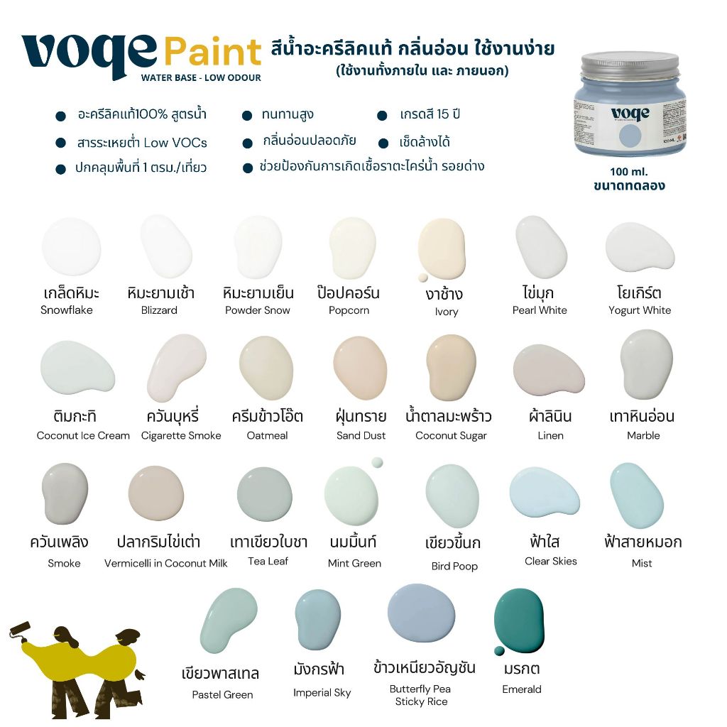 Voqe สีน้ำอะครีลิคแท้100% ขนาดทดลอง 100 ml สีทาบ้าน เกรดพรีเมี่ยม เนื้อสีเยอะ ปกปิดสนิท