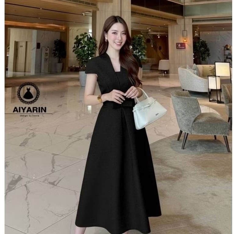 Aiyarin  S-2xl เดรสยาวสีดำ ผ้าไหมญี่ปุ่น
