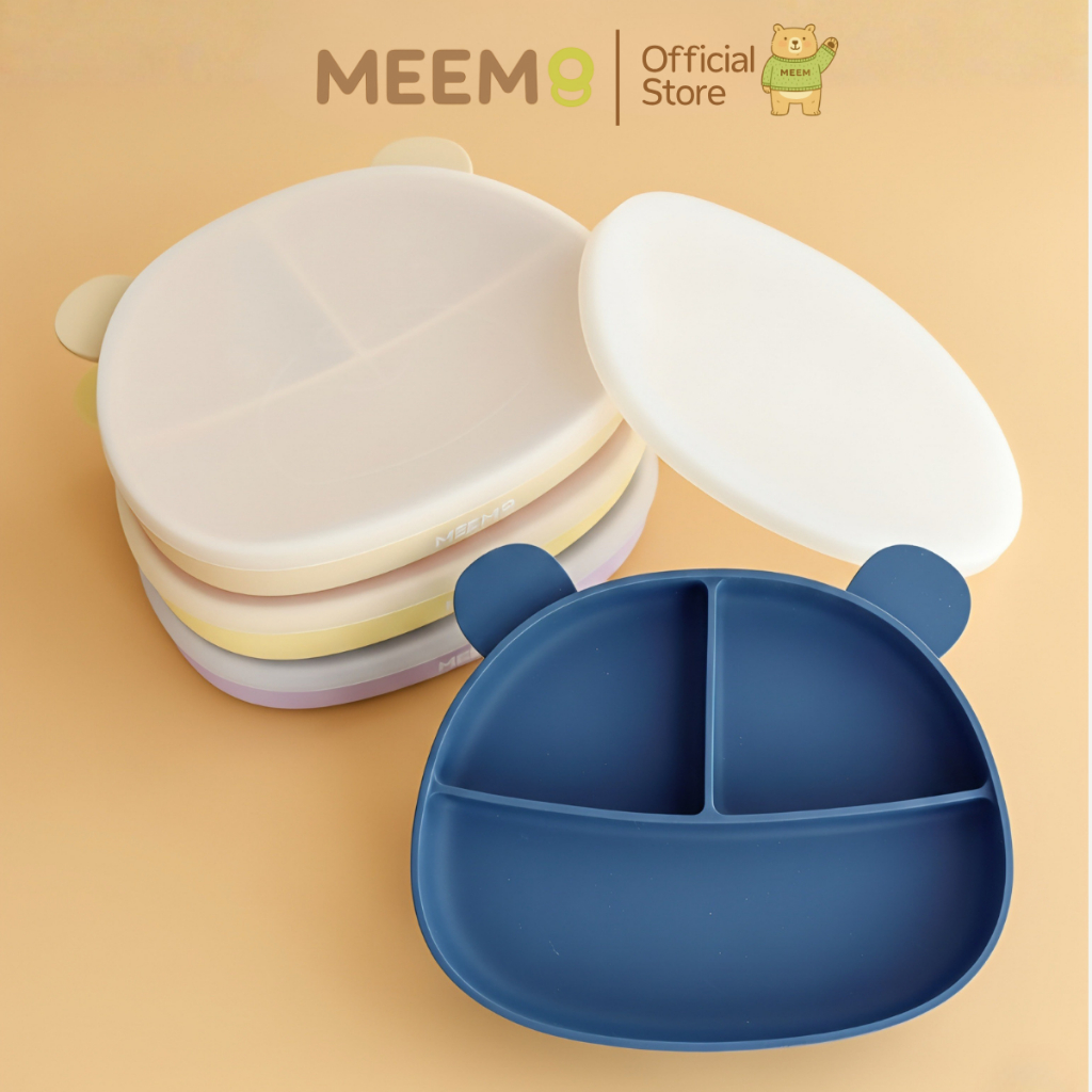 MEEM จานซิลิโคนดูดโต๊ะ พร้อมฝาปิด ลายหมี จานซิลิโคนแบ่ง 3 ช่อง รุ่น Little bear (Colorful Series)