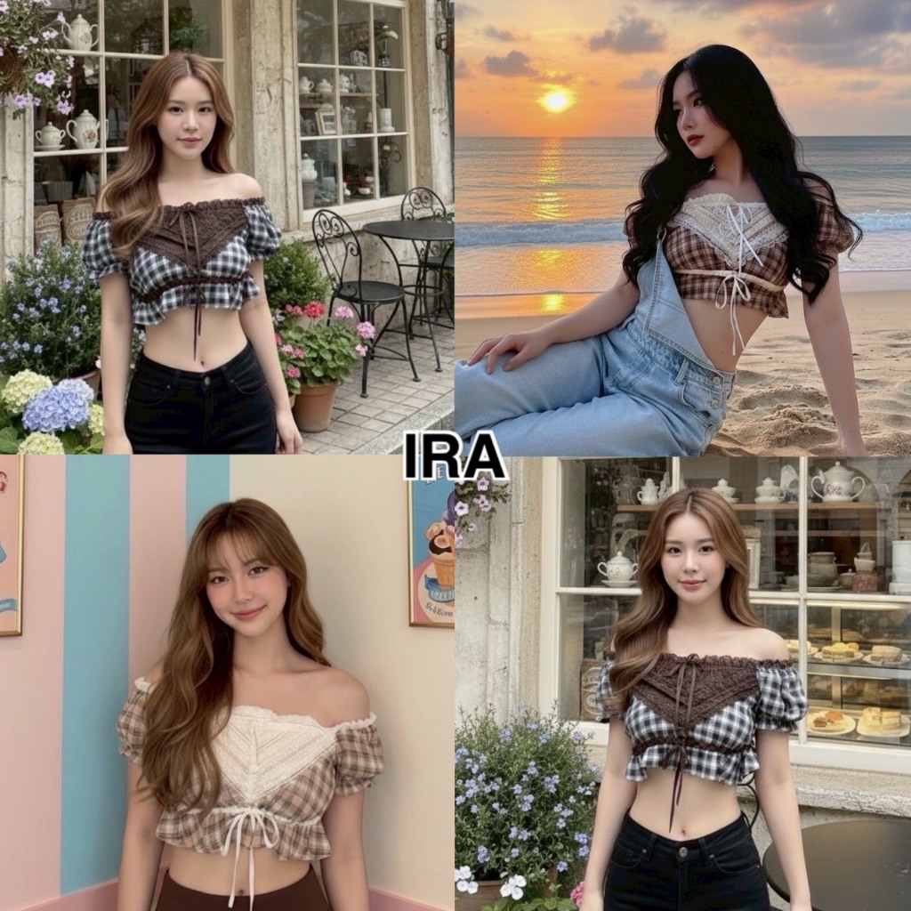 BY IRA Cooper top เสื้อลายสก็อตปาดไหล่แขนตุ๊กตาปาดไหล่ระบายลูกไม้ระบายรอบตัว ใส่ได้2 แบบคิ้วท์มาก แต่งกระดุมดอกไม้