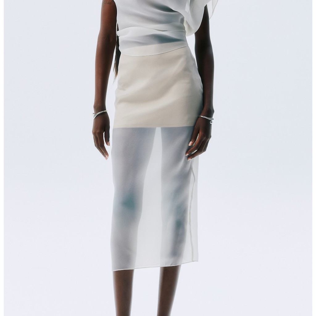 NICHP : Meteora Collection : Cura skirt ตัวนอกผ้าออแกนซ่าสีนู้ดโปร่ง (ตัวซับในผ้ายืด ITY) ผ้านุ่มใส่สบาย