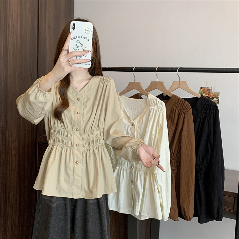 cherryshop พร้อมส่ง เสื้อเชิ้ตแขนยาวแฟชั่นฤดูใบไม้ร่วงสำหรับผู้หญิงใหม่ เอวยางยืด ใส่สบายแบบหลวมเล็กน้อย สไตล์ลำลอง