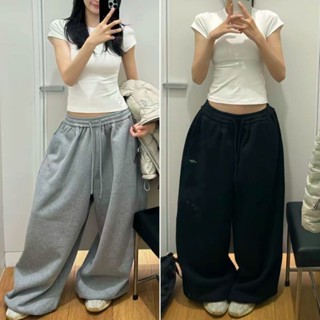 cherryshop พร้อมส่ง กางเกงวอร์มขากว้างเอวสูงสไตล์ย้อนยุคสำหร…