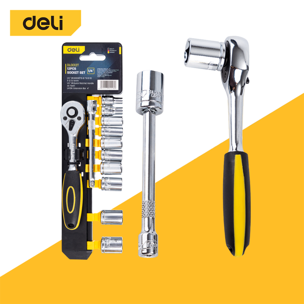 Deli ชุดบล็อก ชุดเครื่องมือช่าง ชุดเครื่องมือ 12 ชิ้น ชุดประแจบล็อก ขนาด 1/4 พร้อมกล่องพลาสติกกันกระแทก SOCKET SET