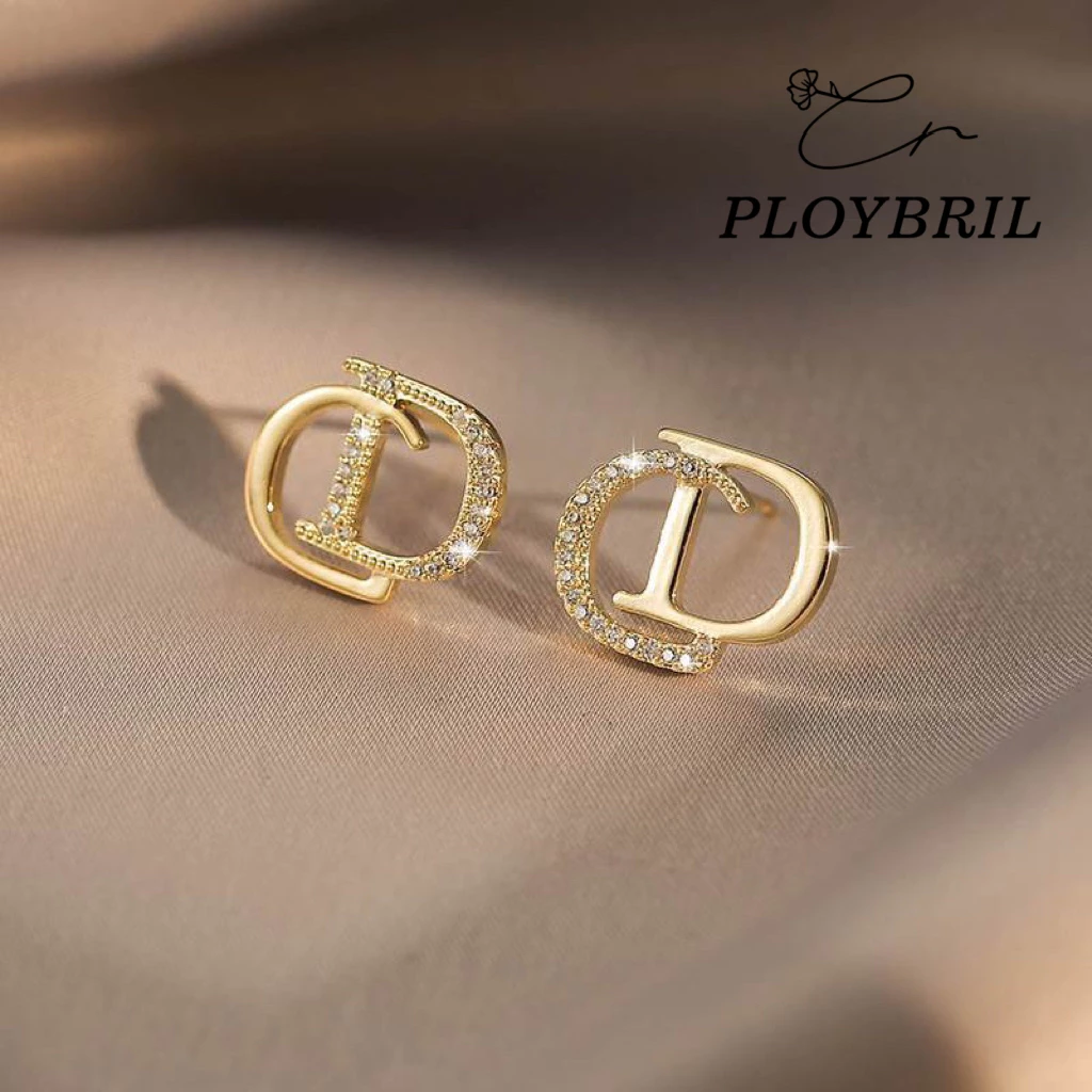 พร้อมส่งจากไทย สีทองแต่งเพชร ต่างหู รูปตัวอักษร เครื่องประดับผู้หญิง PLOYBRIL E003