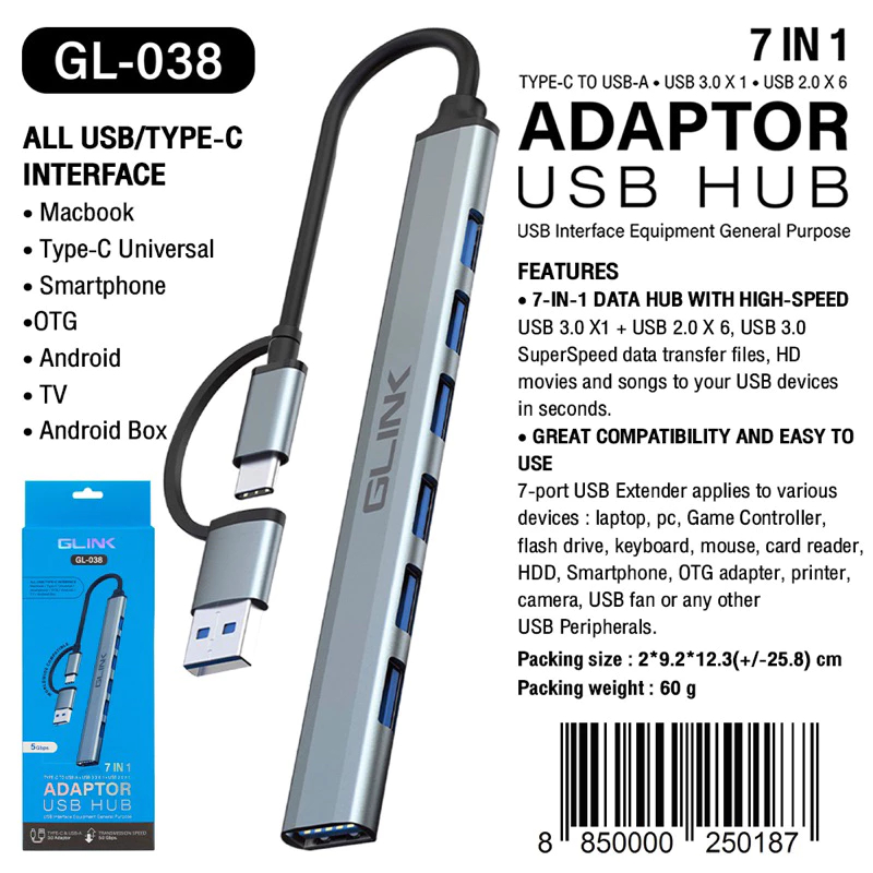 GLINK (GL-038) HUB USB 7Port USB3.0x1/USB2x6 อุปกรณ์เพิ่มช่องต่อ USB GL038