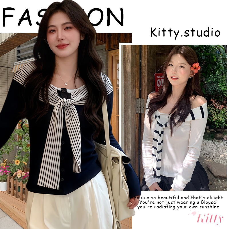 Kitty พร้อมส่ง🌸เสื้อสตรีปาดไหล่แขนยาว 2 in 1 ลายทางสีกรม เรียบหรู ครอปเข้ารูป สไตล์เกาหลี แฟชั่นใหม่ล่าสุด ไปคาเฟ่