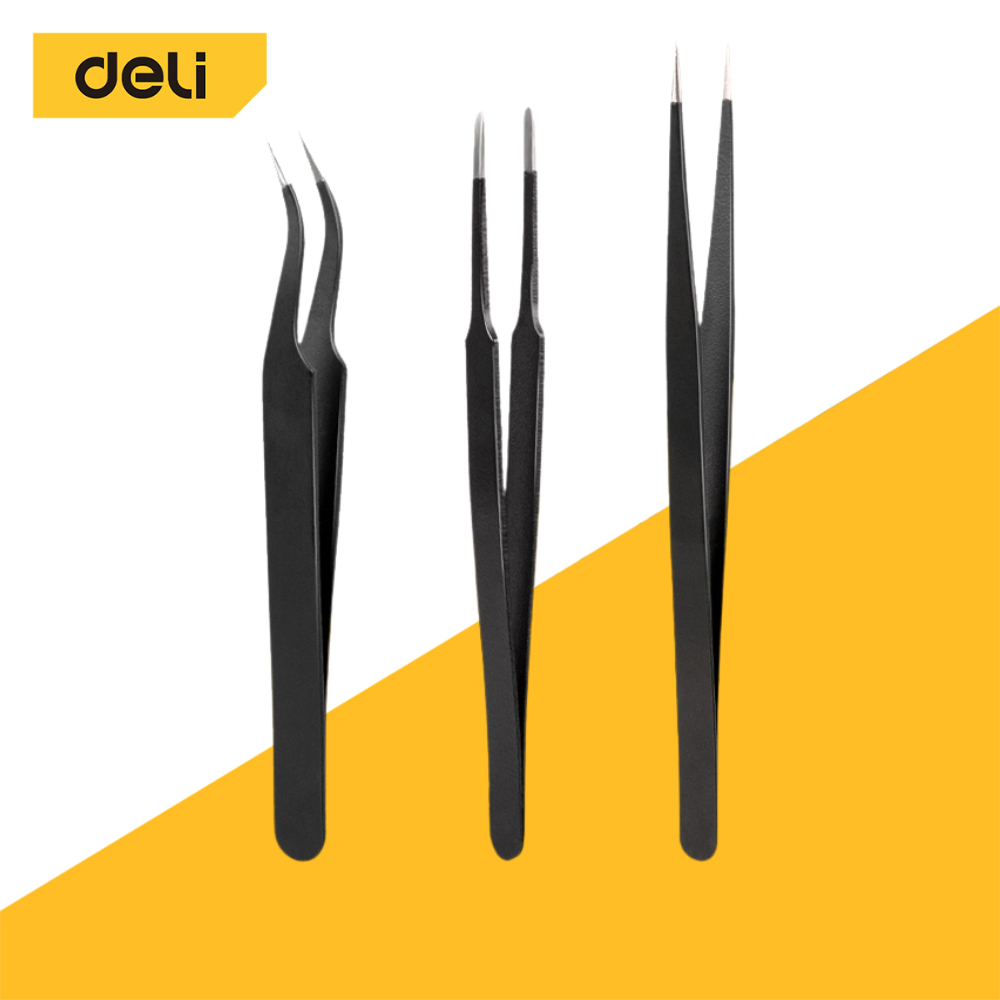 Deli 3ชิ้น ปากคีบ แหนบ ที่คีบเพชร  ปากคีบตรง ปากคีบโค้ง ปากขบกันหมดไม่มีบาก ป้องกันไฟฟ้าสถิตย์ วัสดุสแตนเลส  tweezer