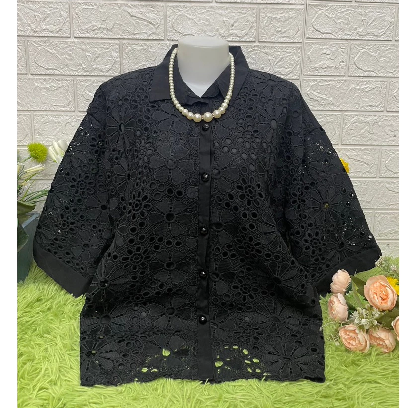เสื้อลูกไม้สีดำ เสื้อลูกไม้กระดุมหน้า รอบอก38-42/44/46/48/50-52นิ้ว ฟรีไซส์ หน้าผ้า32/44/46/48/52 เสื้อเชิ๊ตสีดำ