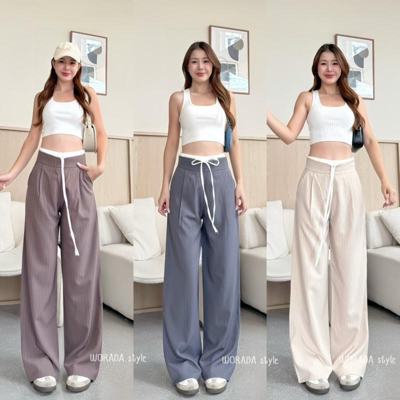 BM007 กางเกงขายาวกระบอกใหญ่ กระเป๋าเฉียง ซิปซ่อนหลัง แต่งจีบ เนื้อผ้านุ่ม ใส่สบาย