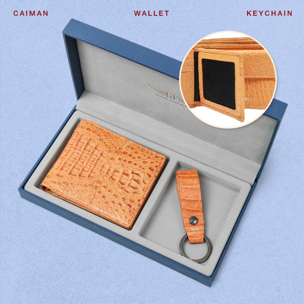 Gian Ferrente เซ็ตของขวัญ กระเป๋าสตางค์หนังจระเข้ มีลิ้นกลาง ช่องใส่เหรียญ / พวงกุญแจ Caiman