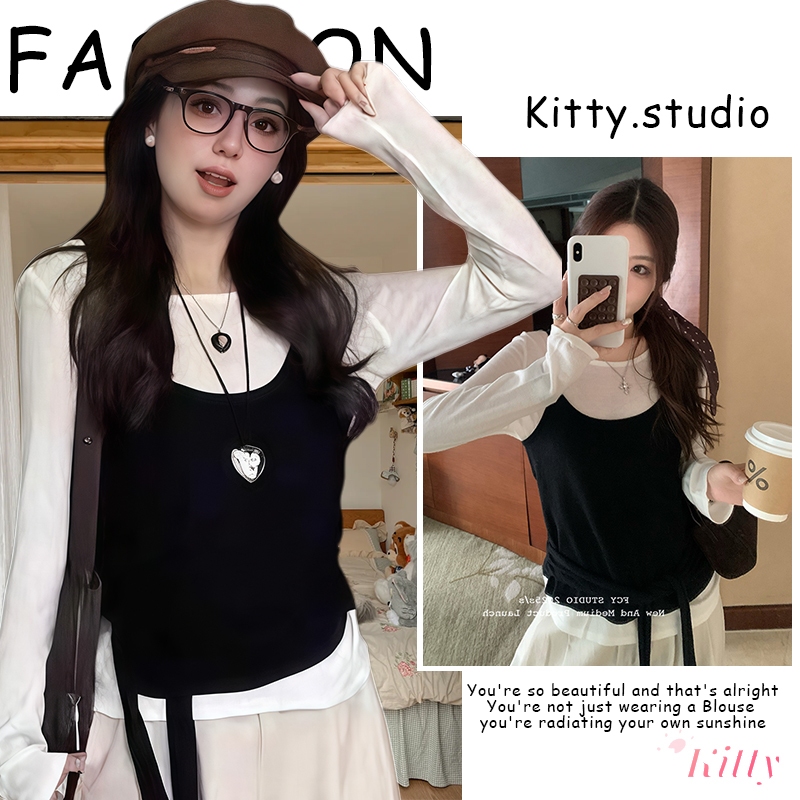 Kitty พร้อมส่ง🌸เสื้อยืแขนยาวผู้หญิง เสื้อ2ชิ้นติดกับ ดีไซน์โปว์ผูกเอว เสื้อครอปทรงเข้ารูป สีดำ คอกลม ลำลอง แฟชั่นผู้หญิ