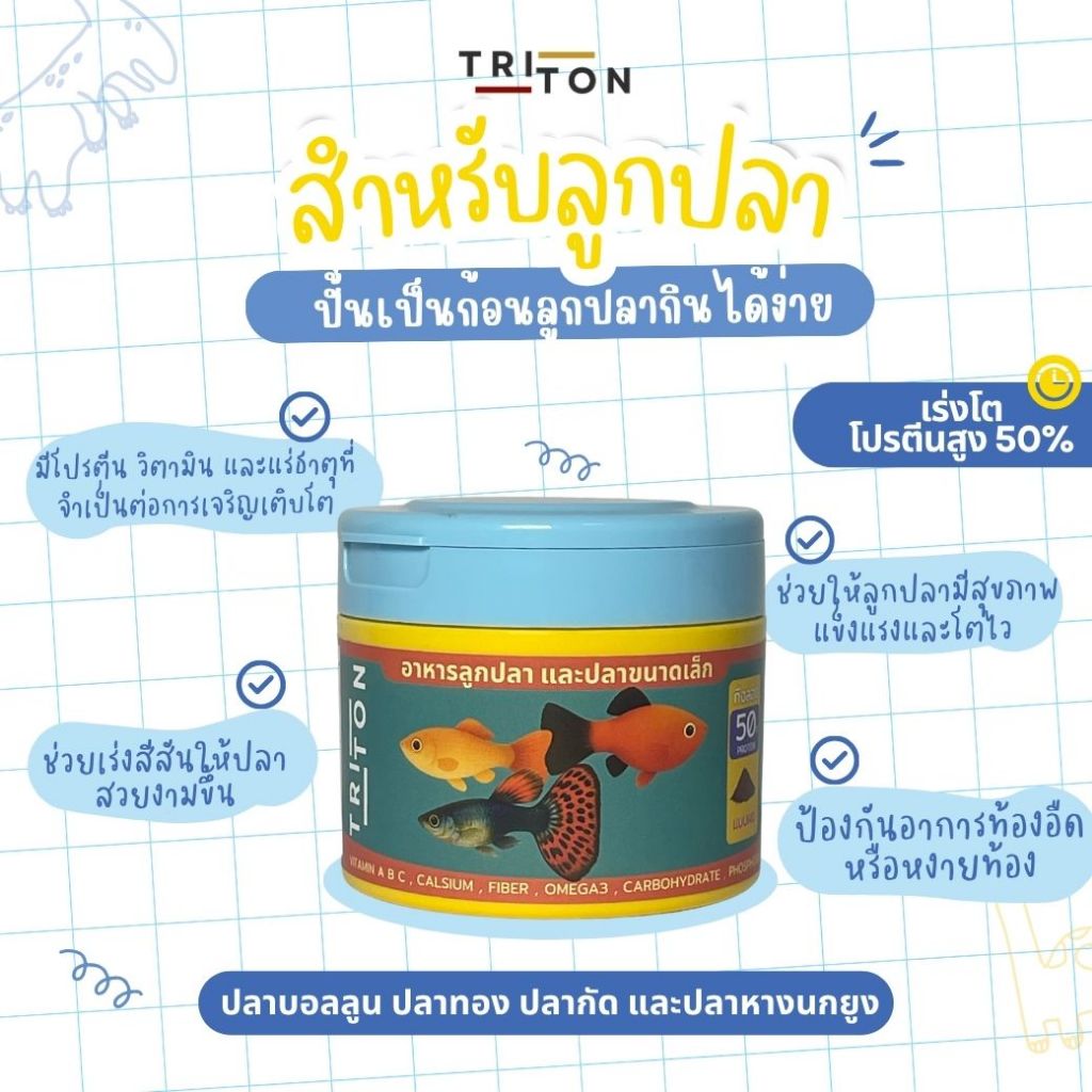 Triton ไทรทัน อาหารปั้น อาหารผง สำหรับลูกปลาและปลาขนาดเล็ก แบบกระปุก ขนาด 100g