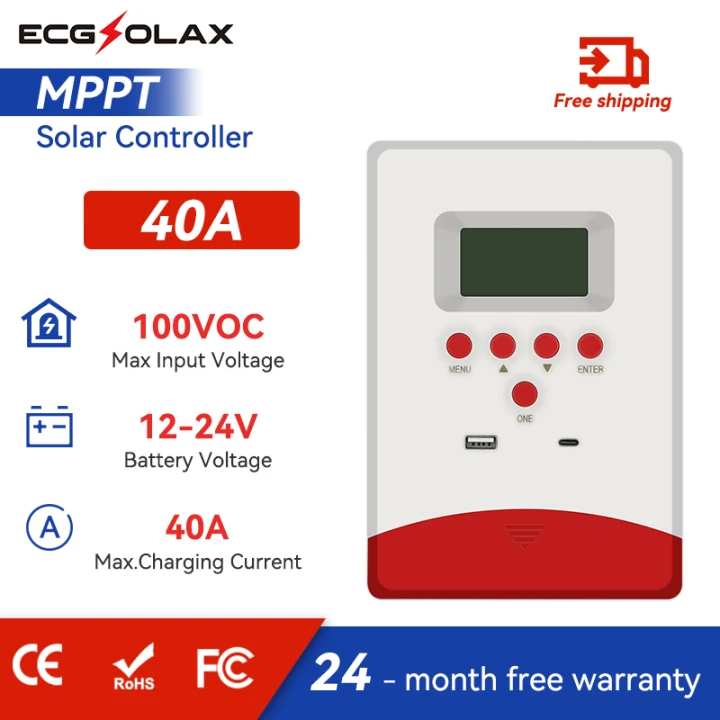 ECGSOLX 40A ตัวควบคุมแผงโซลาร์ชาร์จ MPPT 12V/24V อินเทอร์เฟซ USB/Type-C รองรับแบตเตอรี่ลิเธียม