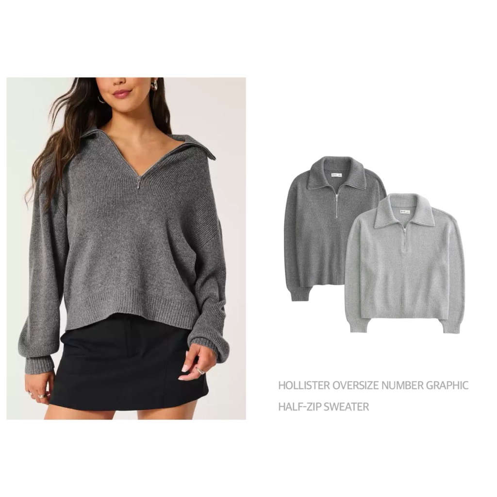 HOLLISTER เสื้อสเวตเตอร์ถักลายเคเบิล  กันหนาว OVERSIZE NUMBER GRAPHIC HALF-ZIP SWEATER (C080)