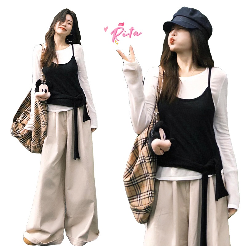 Rita พร้อมส่ง🍒เสื้อยืดแขนยาวผู้หญิง เสื้อ2ชิ้นติดกัน เสื้อครอปทรงเข้ารูป สีดำ คอกลม ลำลอง ดีไซน์โปว์ผูกเอว แฟชั่นผู้หญิง