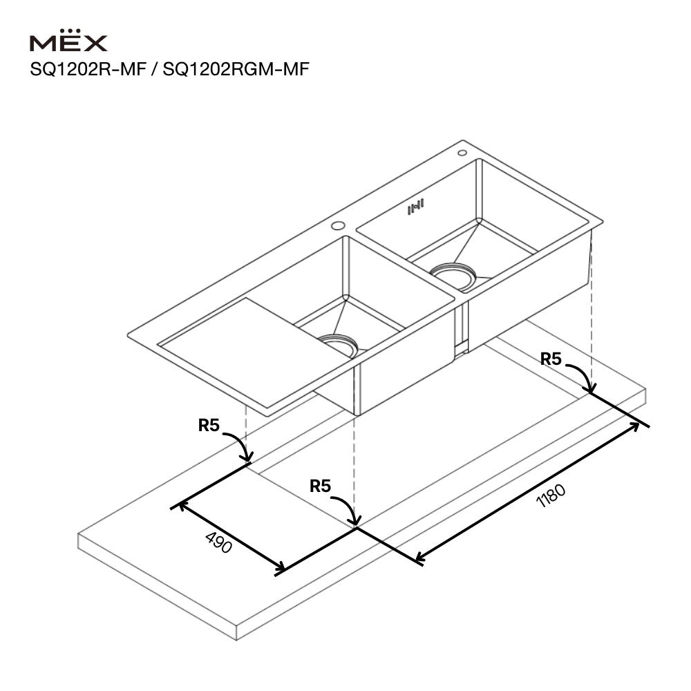 MEX รุ่น SQ1202R-MF อ่างล้างจาน 2 หลุม 1 ที่พัก ขนาด 120 x 51 สเตนเลส สตีล AISI 304 ราคา ถูกที่สุด ดีลบีเคเค แกลเลอรีภาพที่ 6