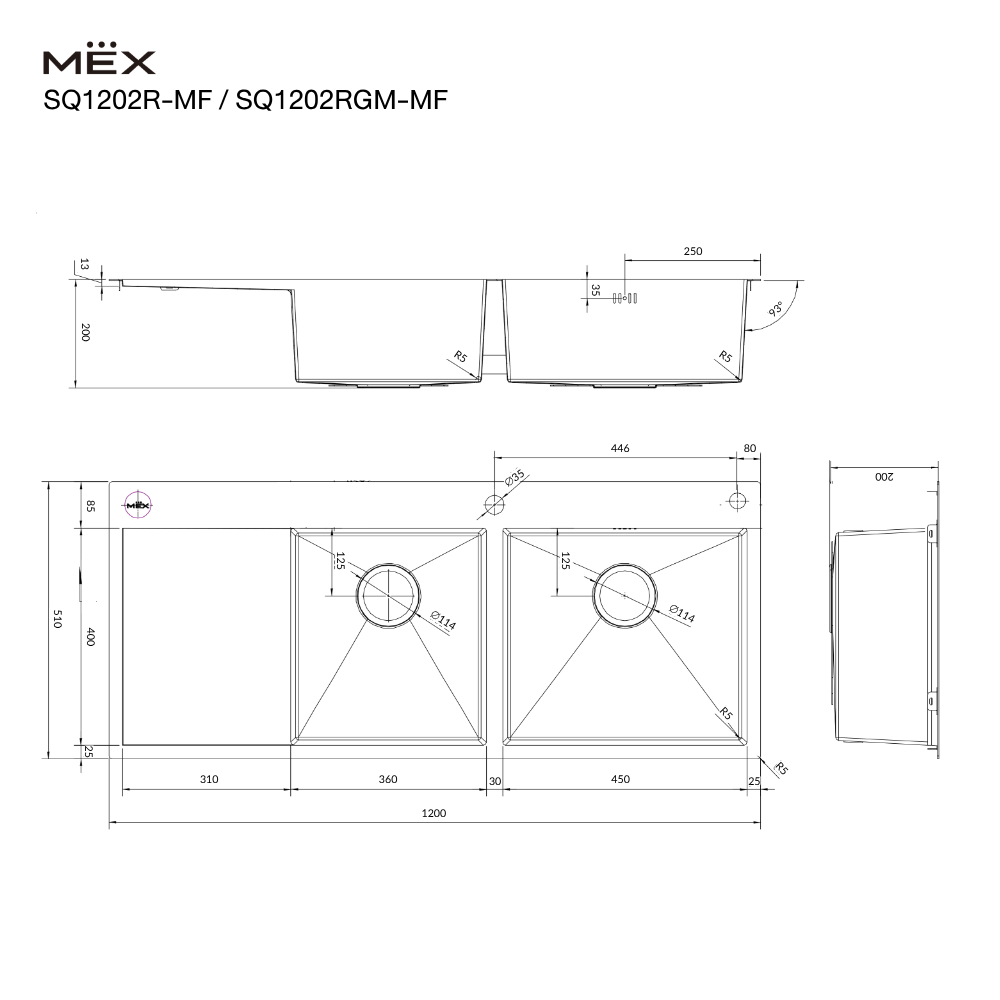 MEX รุ่น SQ1202R-MF อ่างล้างจาน 2 หลุม 1 ที่พัก ขนาด 120 x 51 สเตนเลส สตีล AISI 304 ราคา ถูกที่สุด ดีลบีเคเค แกลเลอรีภาพที่ 5