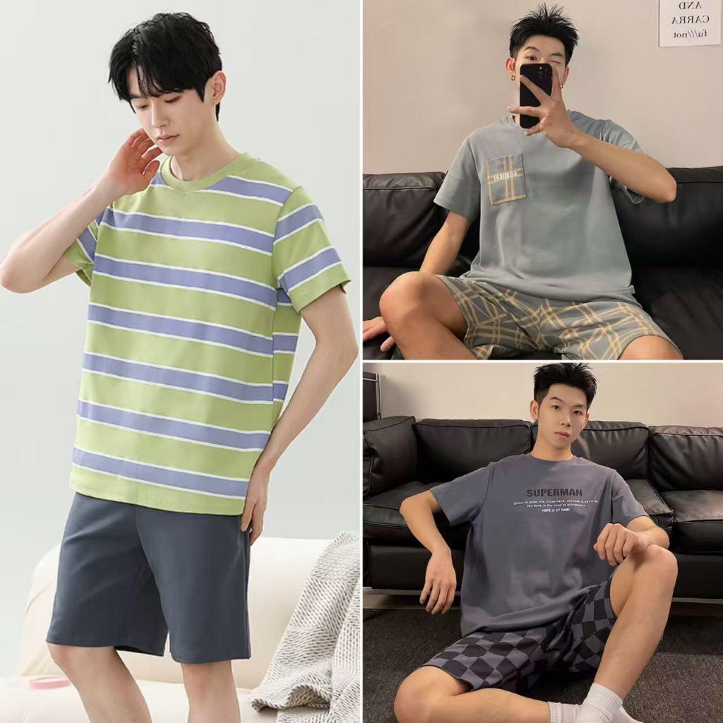 ชุดนอนเกาหลี คาร์ดิแกนผู้ชาย กางเกงขาสั้นเรียบง่าย ชุดนอนผู้ชาย L~3XL