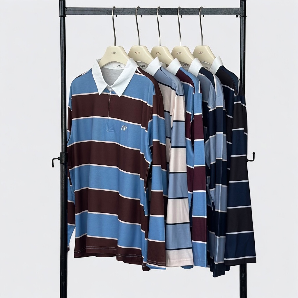 COURTLINE RUGBY POLO T-SHIRT เสื้อโปโล แขนยาว คอปก ลายทาง สีทูโทน