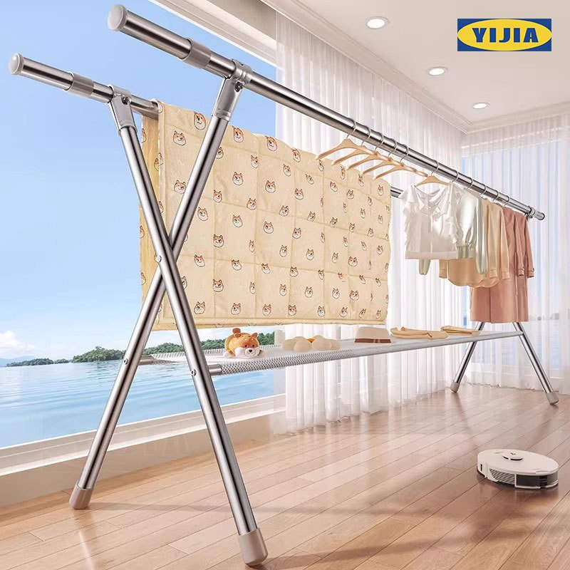 YIJIAราวตากผ้า 200CM ยืดหดได้ ราวตากผ้าสแตนเลส พร้อมกระเป๋าตาข่าย  ป้องกันน้ำ ทนการกัดกร่อน